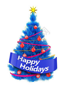 3d显示蓝色圣诞树白底有亮线蓝色圣诞树有快乐的节日标志图片