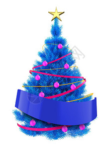 3d蓝色圣诞树白底有亮线的蓝棕榈树色圣诞带丝的色圣诞树图片