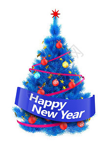3d蓝色圣诞树图白底有金星快乐的新年标志图片