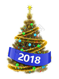 3d显示金色圣诞树白背景上有多彩星金色圣诞树2018年标志图片