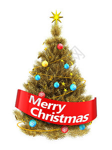 金色圣诞树的3d插图白色背景上有金色的星星3d金色圣诞树圣诞快乐标志图片