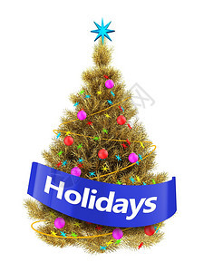 金色圣诞树的3d插图白色背景上有五颜六色的星星带假日标志的3d金色圣诞树图片