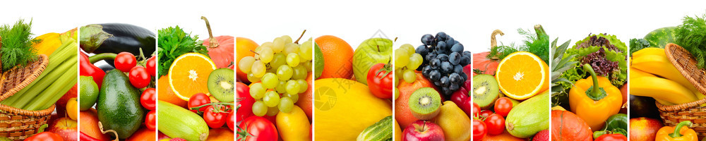 在白色背景上隔绝的新鲜水果和蔬菜图片