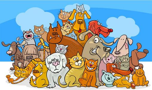滑狗和猫人角色组的漫画插图图片