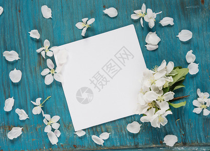 婚约或家庭相册的剪贴页上面有复制空间白纸苹果花和蓝木底绿色叶子顶部视图平板顶部视图图片