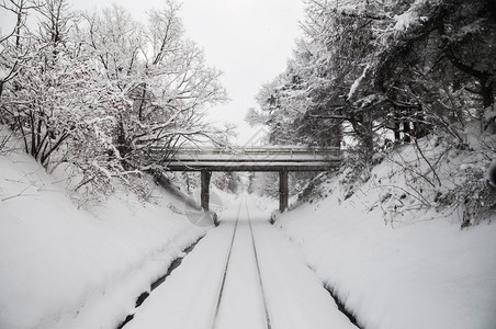 白雪覆盖了铁路线上的轨道图片