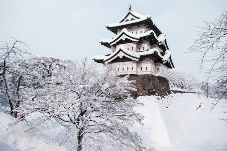 冬季长崎城堡的建筑结构整个地区都布满白色美丽的雪图片