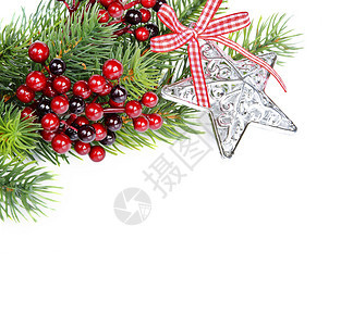圣诞节组成有绿色圆形树枝红全利巴里银星和白红彩弓底隔离在色背景上图片