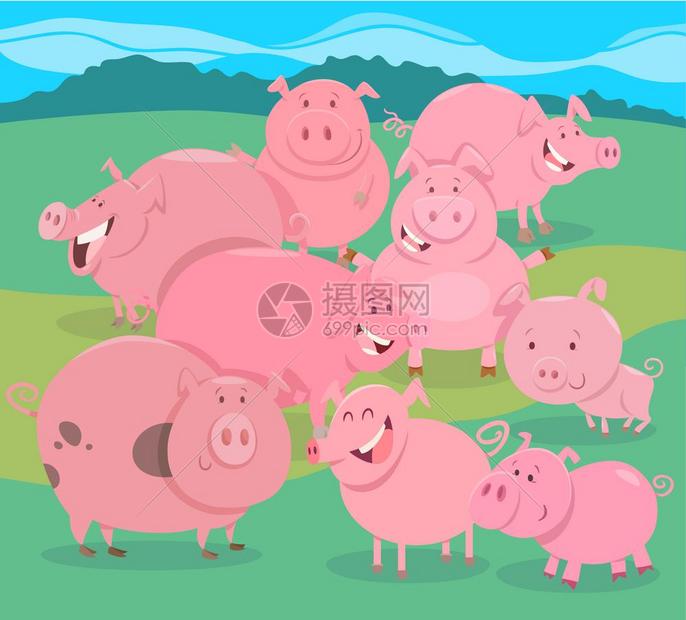 滑稽猪养场动物漫画角色组的插图