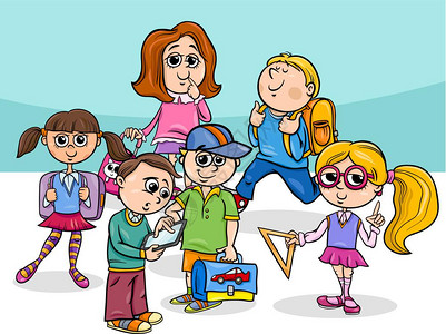 小孩书包小学生或角色组的漫画插图插画