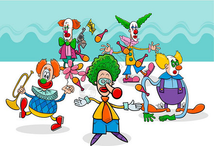 马戏团小丑角色组的漫画插图图片