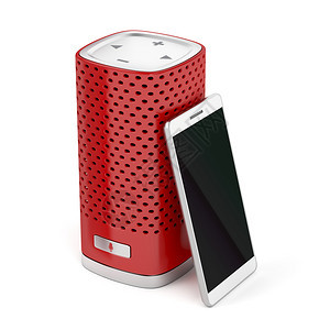 白背景的红色智能扬声器和手机图片