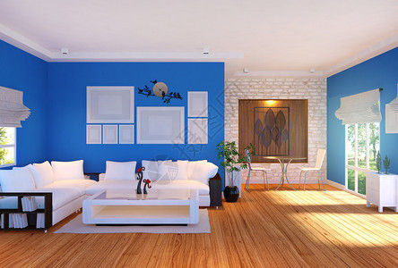 现代客厅室内有家具和墙壁上的空照片框3D图片