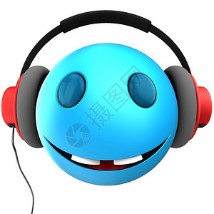 蓝色表情符号微笑的3d插图与红色耳机在白色背景3d蓝色表情微笑图片