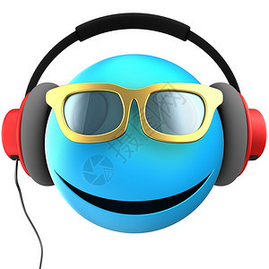 蓝色表情符号微笑的3d插图与红色耳机在白色背景3d蓝色表情微笑图片