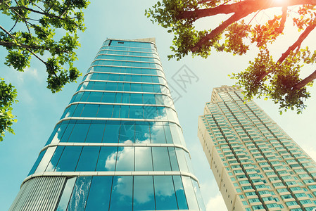现代办公大楼有蓝色天空绿树作为子集图片