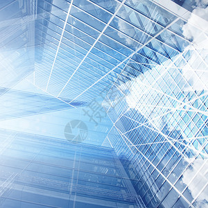 高玻璃现代建筑蓝色天空白云彩抽象背景商业的表面纹理模式图片