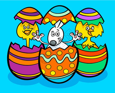 以东方鸡蛋彩色壳显示东方兔子和小鸡的漫画插图图片