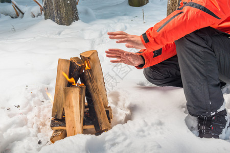 冬季森林的旅游者用火烤他的手图片