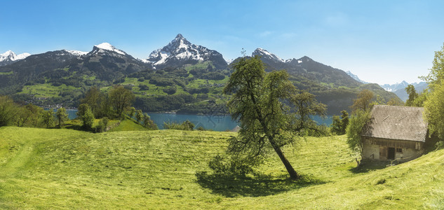 阳光灿烂的阿尔卑斯山全景有个废弃的老马棚一片草地长湖图片