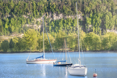在长江湖的船上背面是阿尔卑斯山脉在阳光灿烂的夏天在瑞士圣加仑州图片