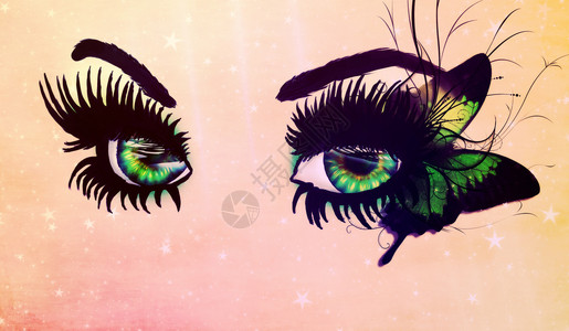 美丽的绿色双眼长的黑鞭和蝴蝶图片