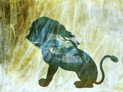 色彩多的夜景非洲风树和狮子的轮廓纸质纹身背景图片