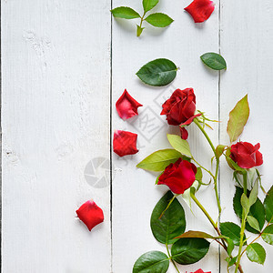花朵组成白木背景上的红玫瑰平面顶部视图文本自由空间图片