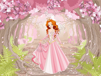 春季森林背景的美丽红发公主插图图片