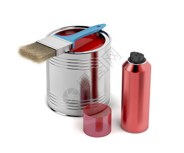 油漆笔刷罐和红色喷雾图片