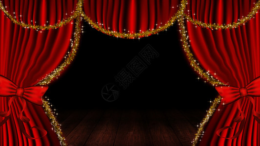 红色舞台幕和木地板背景图片