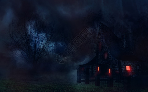 夜晚神秘的风景和旧房子图片