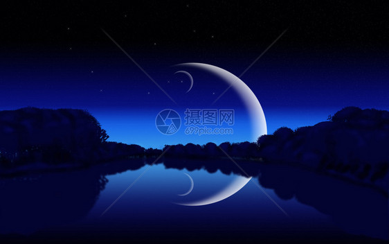 森林的夜幕月亮和星照的湖泊图片