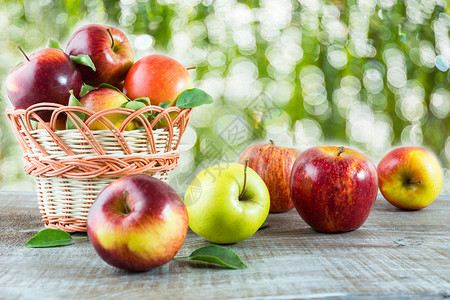 花园木制桌上的成熟苹果新鲜水苹素食品健康饮概念花园木制桌上的成熟新鲜苹果图片