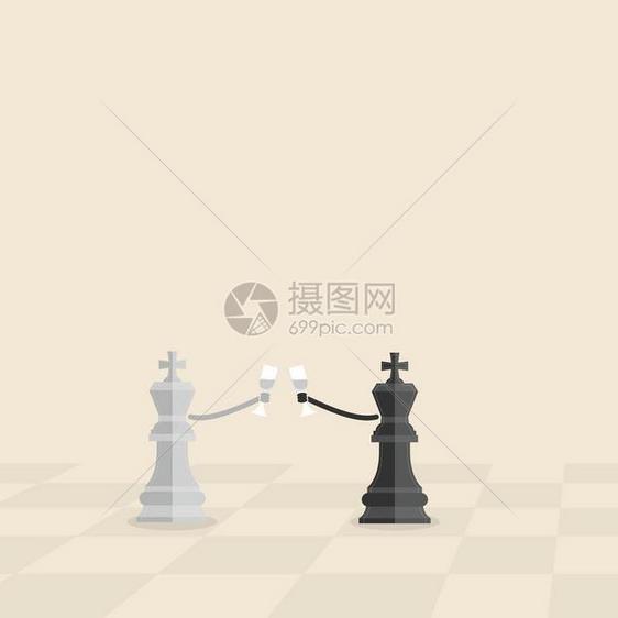 黑色象棋王和灰手中握着酒杯黑灰色象棋王手里握着酒杯商业合作与和解概念商业成功或领导能力的概念商业战略概念矢量板设计图图片