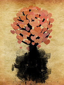 抽象的红心树轮廓粉红心在纸面背景上图片