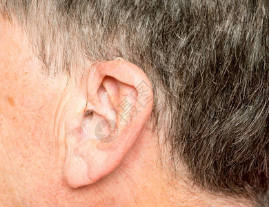 男人耳朵紧地放在成年老人耳后背景