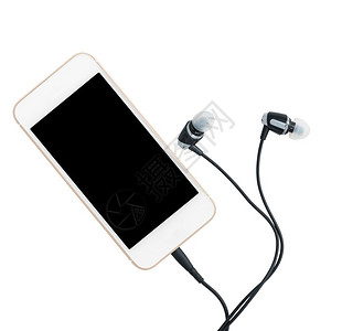 mp3数字音乐播放器安装在智能手机或移动电话中耳膜在白色背景下隔离图片