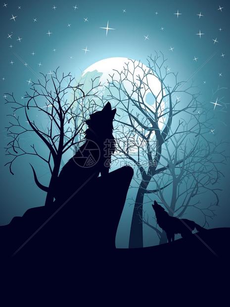 在月光下的树林里咆哮的狼矢量卡通插画