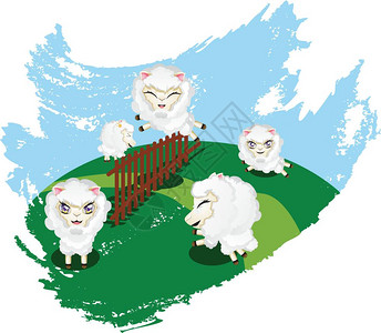 过草地可爱的滑稽绵羊在绿草坪上跳过栅栏设计图片