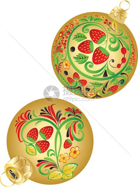 圣诞球上的草莓装饰品圣诞球插图上有草莓的民间花卉装饰品图片