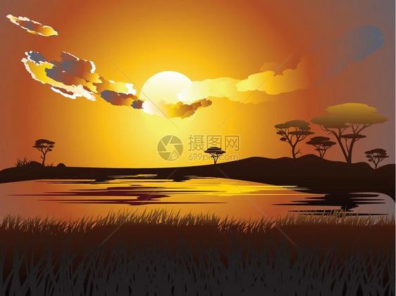 非洲日落风景多彩的日落象非洲风和树木的轮廓图片