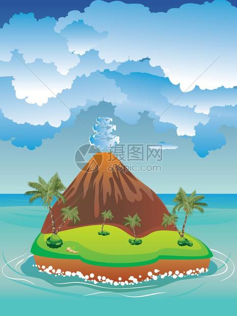 卡通火山岛和平上卡通火山的插图图片