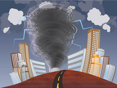 城市中刮起龙卷风卡通矢量插画图片
