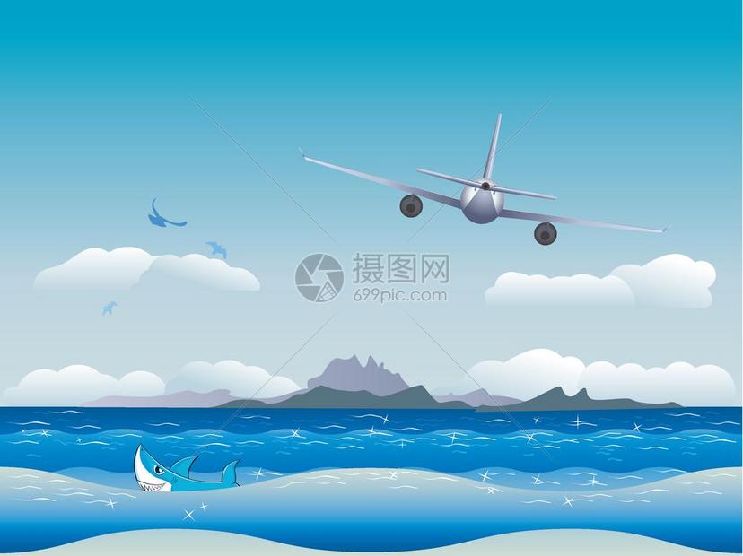 飞机在空中过海背景图片