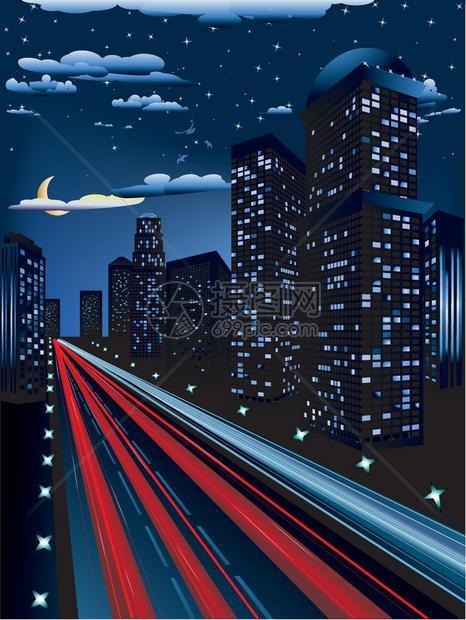 摩天大楼和夜间道路的城市背景图图片