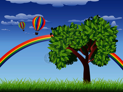 绿草地天上有树彩虹和热气球图片