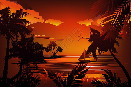 日落棕榈树热带景观图片
