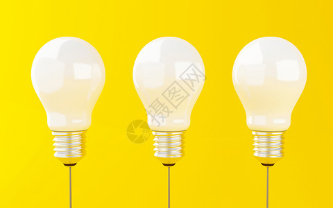 3d插图黄背景的一排灯泡想法和商业概念三排灯泡想法概念图片