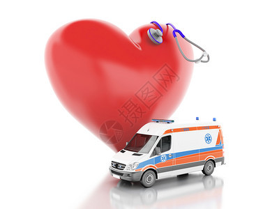 红色心脏听诊器和救护车图片